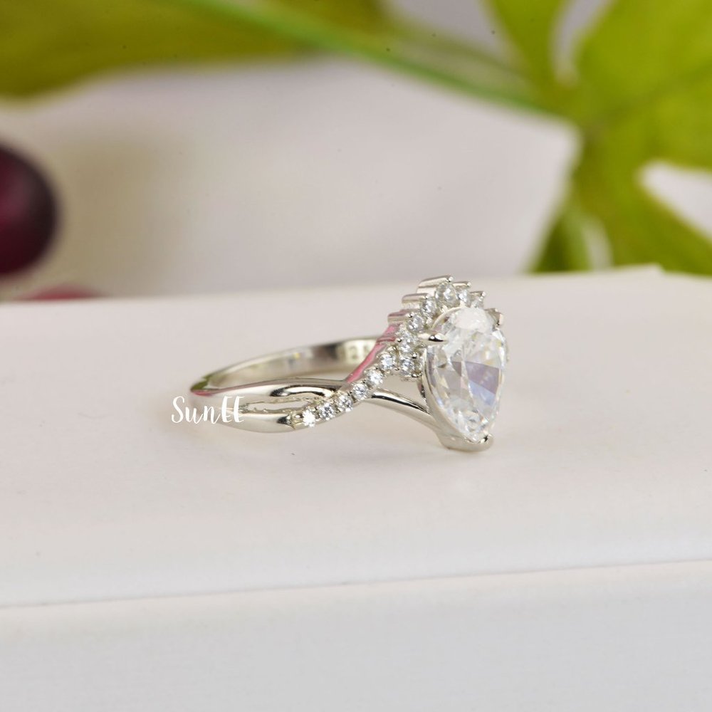 New Lab Diamond Halo Pear Engagement Ring - Picture 5 of 11